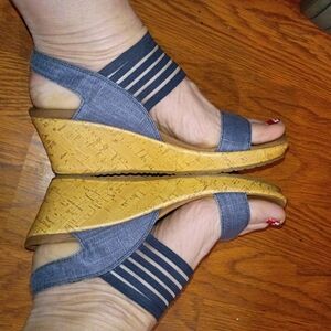 Skechers Blue and Tan Wedge Sandals